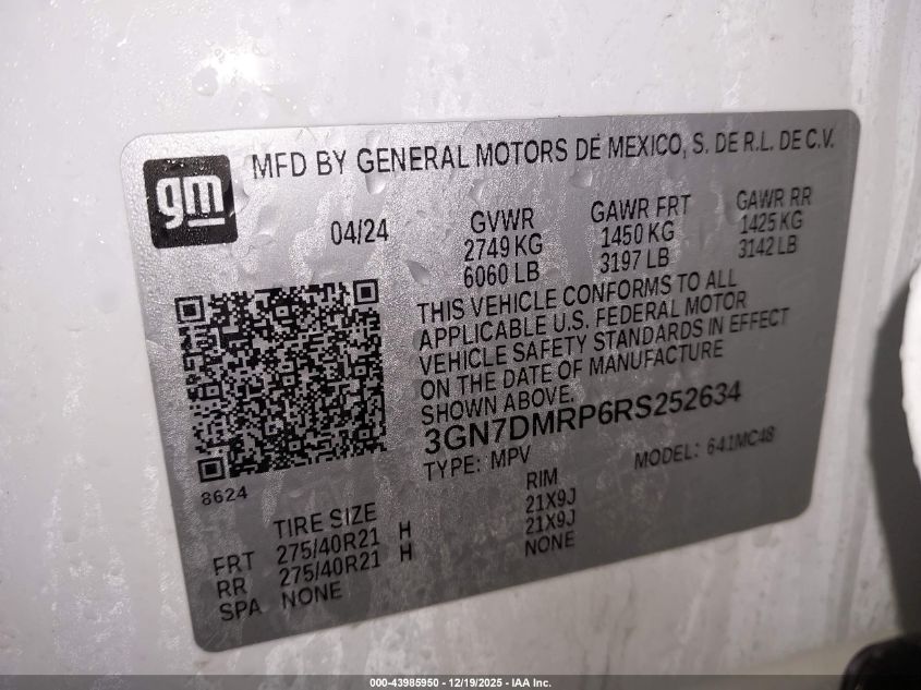 2024 Chevrolet Equinox Ev Lt VIN: 3GN7DMRP6RS252634 Lot: 43985950