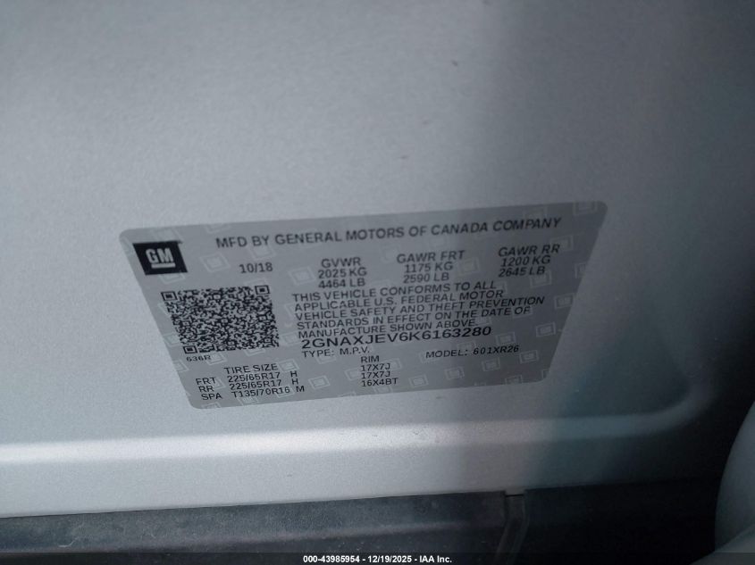 2019 Chevrolet Equinox Lt VIN: 2GNAXJEV6K6163280 Lot: 43985954