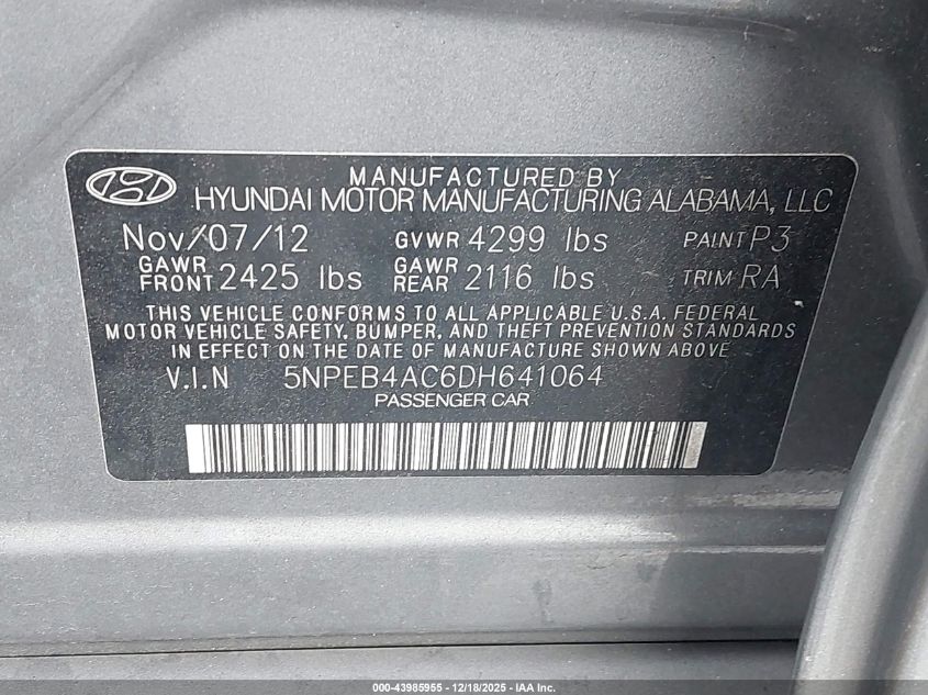 2013 Hyundai Sonata Gls VIN: 5NPEB4AC6DH641064 Lot: 43985955