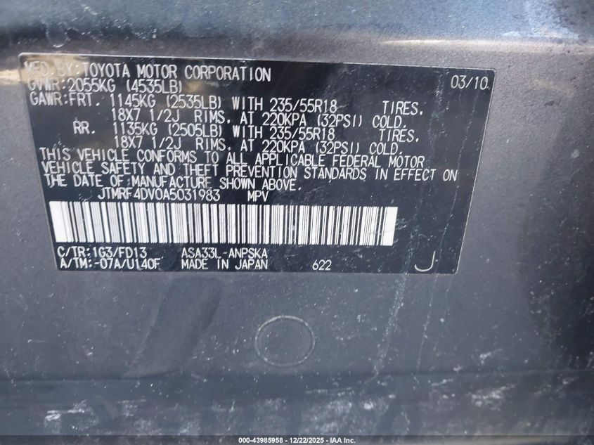 2010 Toyota Rav4 Sport VIN: JTMRF4DV0A5031983 Lot: 43985958