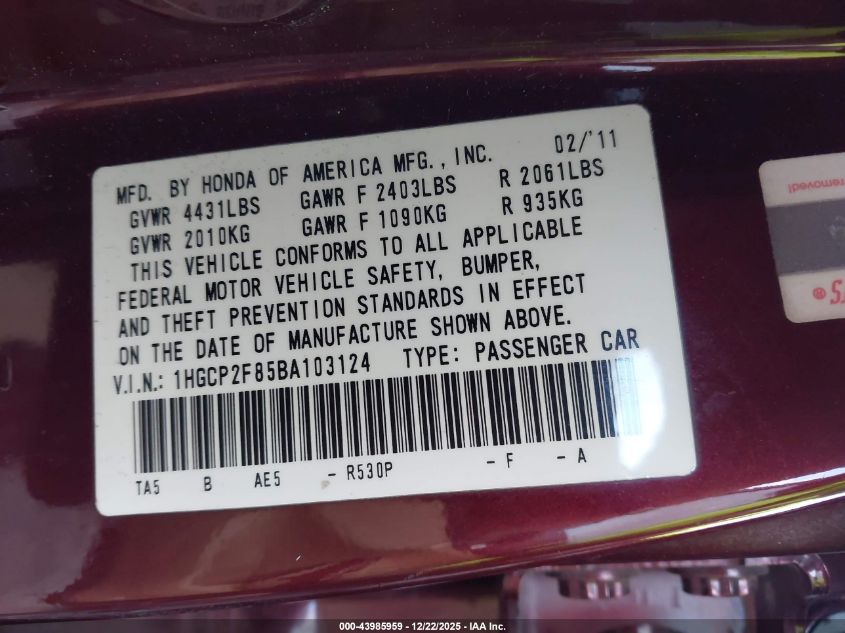 2011 Honda Accord 2.4 Ex-L VIN: 1HGCP2F85BA103124 Lot: 43985959