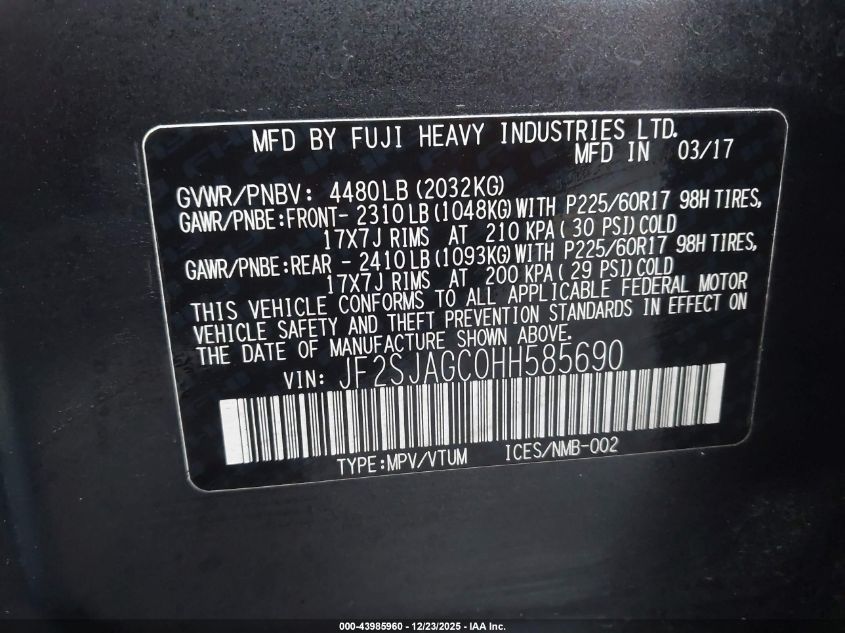 2017 Subaru Forester 2.5I Premium VIN: JF2SJAGC0HH585690 Lot: 43985960