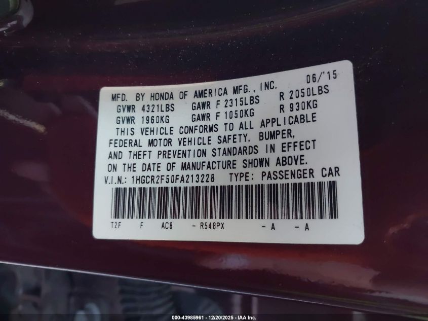 2015 Honda Accord Sport VIN: 1HGCR2F50FA213228 Lot: 43985961