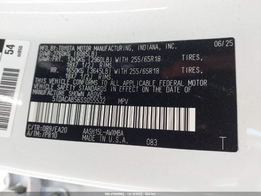 2025 Toyota Grand Highlander Hybrid Xle VIN: 5TDACAB56SS055532 Lot: 43985962