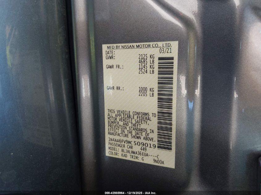 2021 Nissan Maxima Platinum Xtronic Cvt VIN: 1N4AA6FV9MC509019 Lot: 43985964