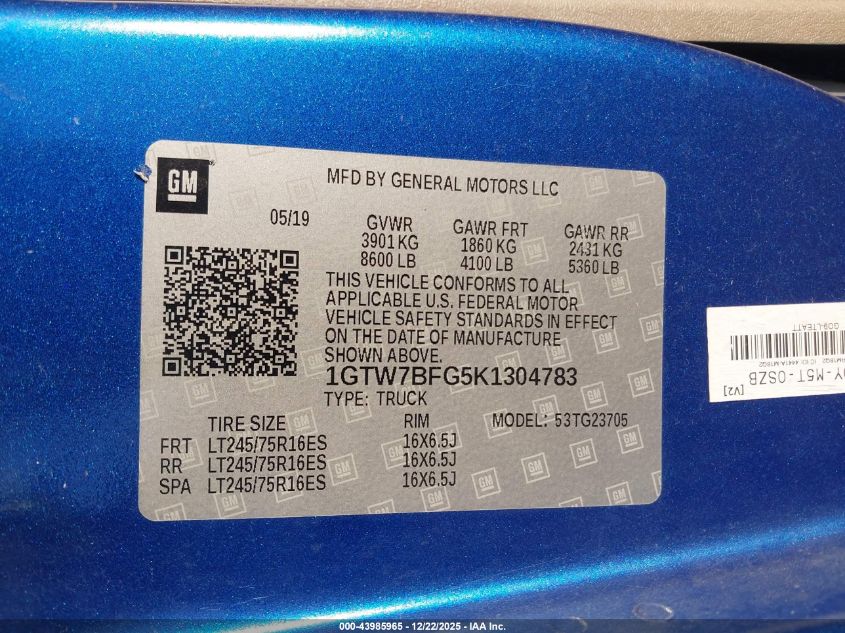 2019 GMC Savana 2500 Work Van VIN: 1GTW7BFG5K1304783 Lot: 43985965