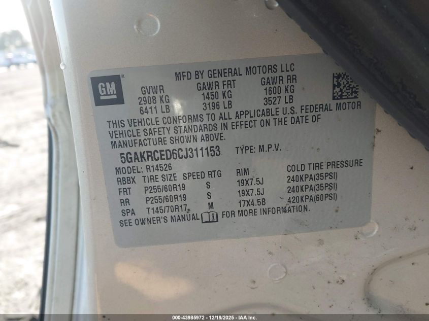 2012 Buick Enclave Leather VIN: 5GAKRCED6CJ311153 Lot: 43985972