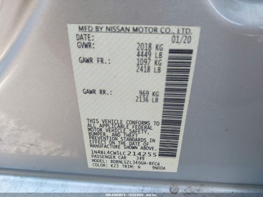 2020 Nissan Altima Sr Intelligent Awd VIN: 1N4BL4CW5LC214255 Lot: 43985974