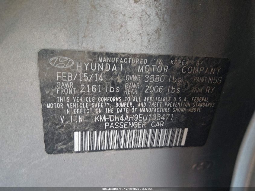 2014 Hyundai Elantra Sport VIN: KMHDH4AH9EU133471 Lot: 43985979