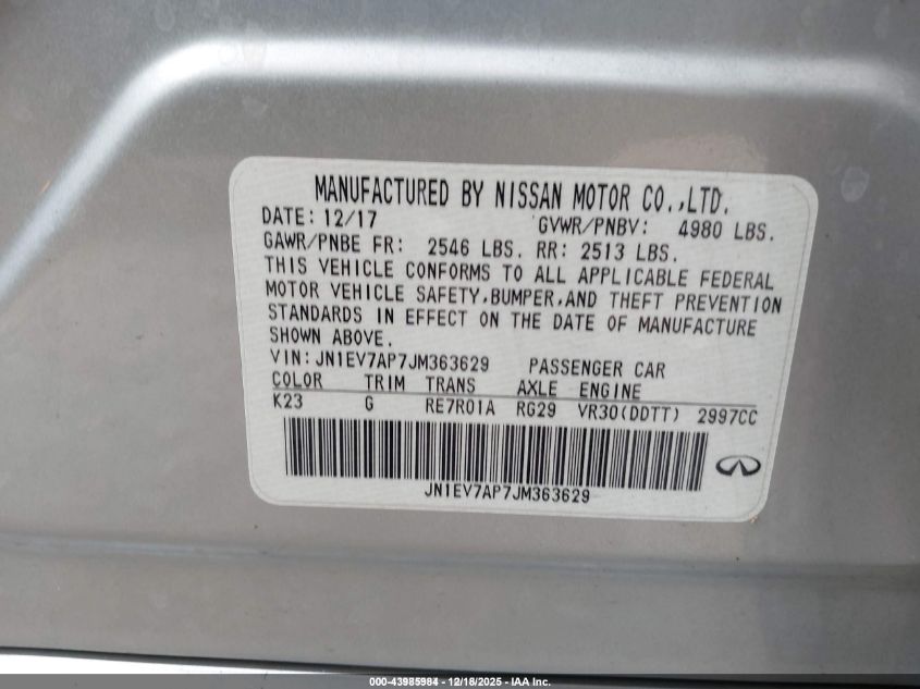 2018 Infiniti Q50 3.0T Luxe VIN: JN1EV7AP7JM363629 Lot: 43985984