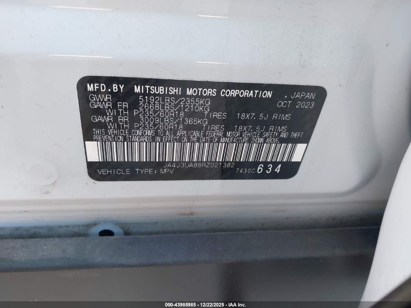 2024 Mitsubishi Outlander Es 2.5 2Wd VIN: JA4J3UA88RZ021382 Lot: 43985985