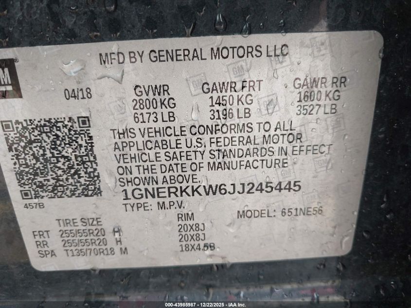 2018 Chevrolet Traverse Premier VIN: 1GNERKKW6JJ245445 Lot: 43985987