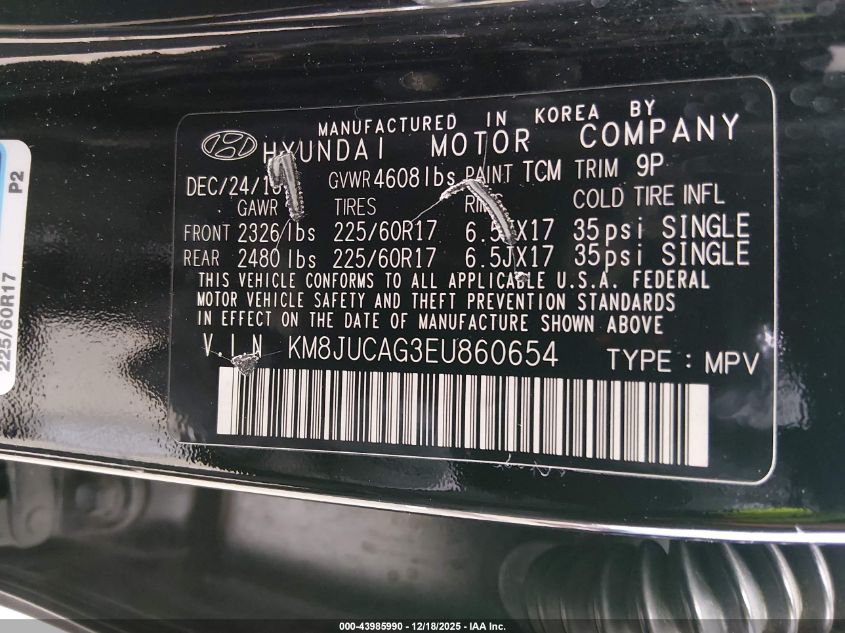 2014 Hyundai Tucson Se VIN: KM8JUCAG3EU860654 Lot: 43985990