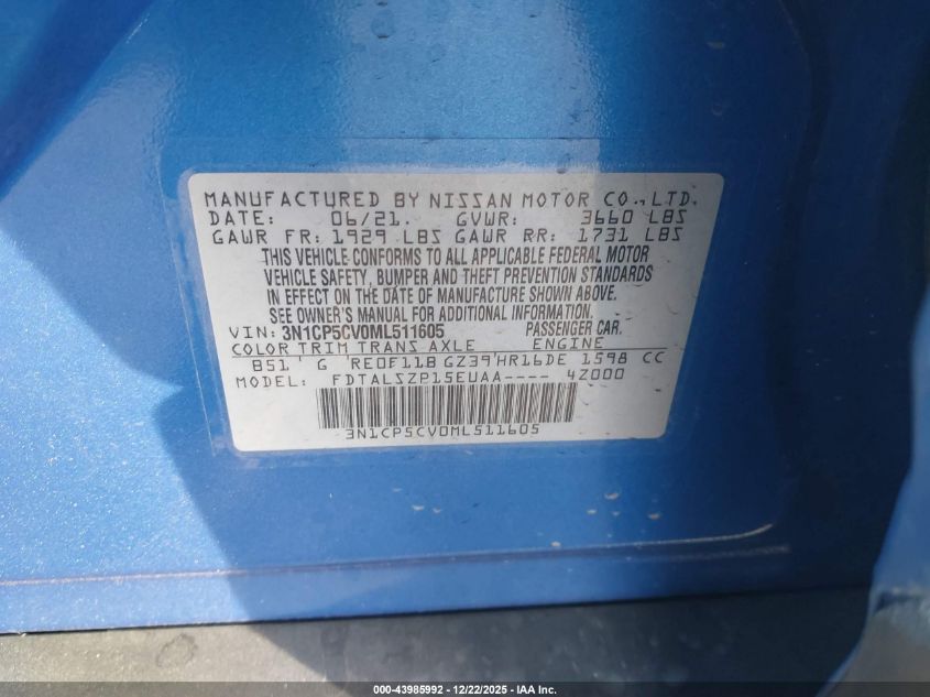 2021 Nissan Kicks Sv Xtronic Cvt VIN: 3N1CP5CV0ML511605 Lot: 43985992