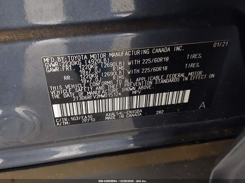 2021 Toyota Rav4 Hybrid Limited VIN: 2T3D6RFV2MW015124 Lot: 43985994