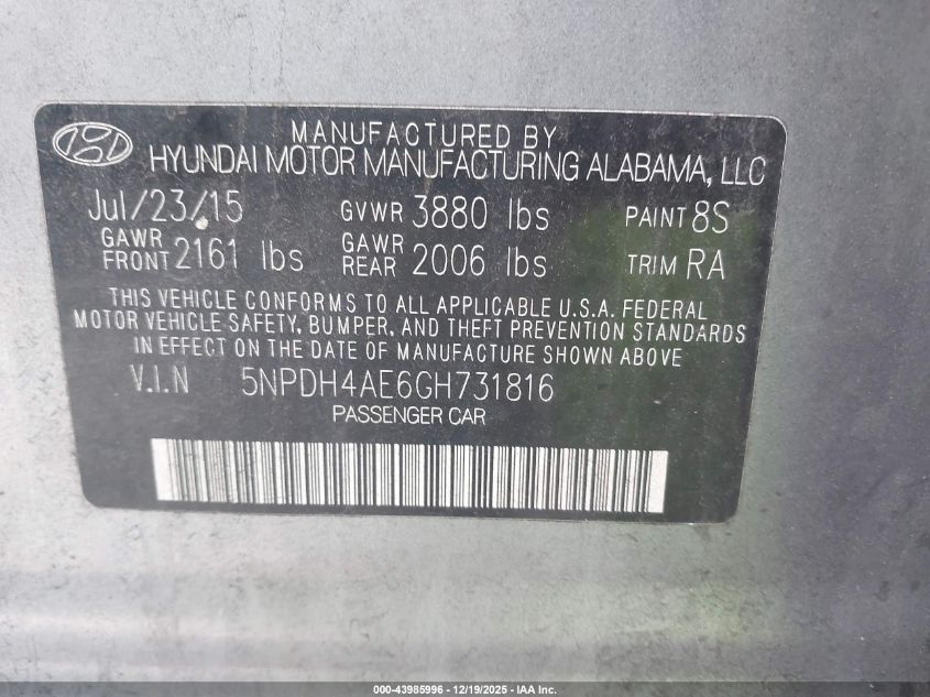 2016 Hyundai Elantra Se VIN: 5NPDH4AE6GH731816 Lot: 43985996