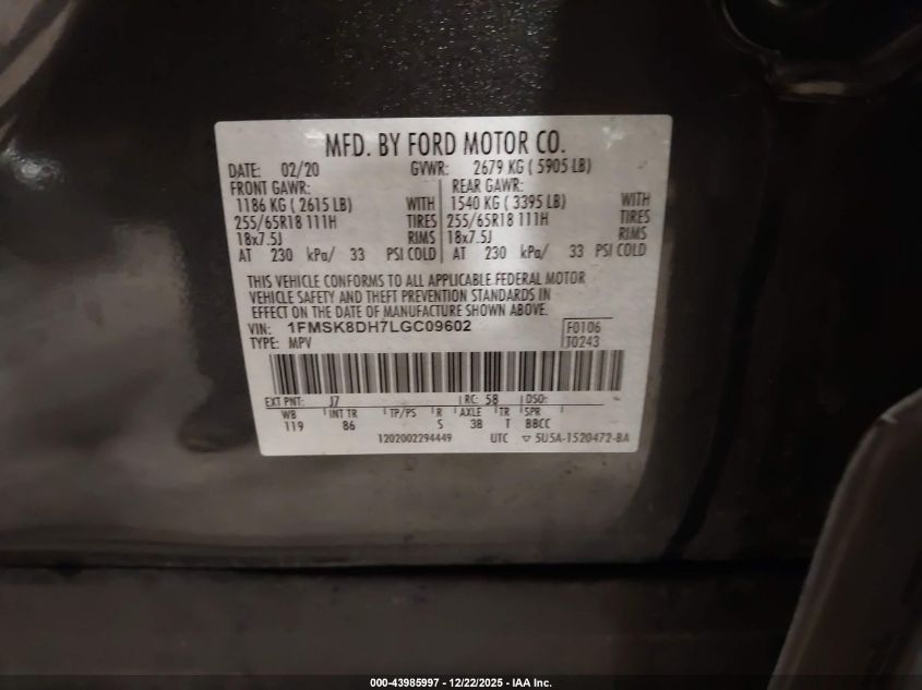 2020 Ford Explorer Xlt VIN: 1FMSK8DH7LGC09602 Lot: 43985997