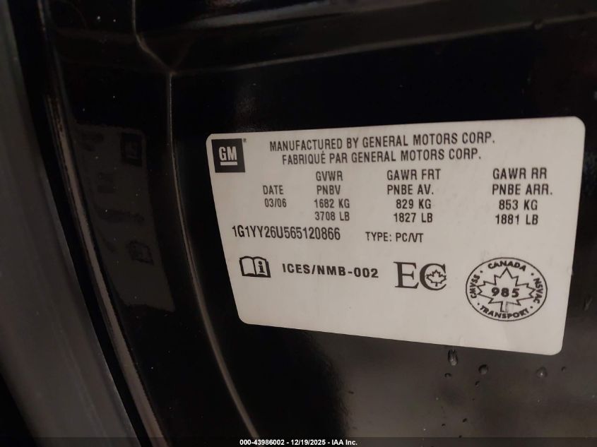 2006 Chevrolet Corvette VIN: 1G1YY26U565120866 Lot: 43986002