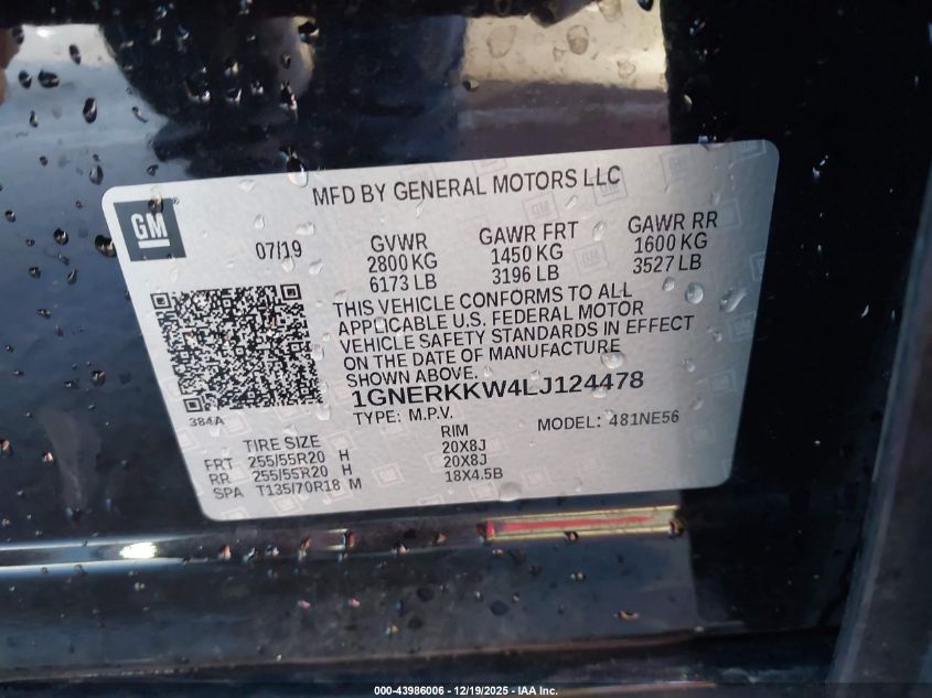 2020 Chevrolet Traverse Fwd Premier VIN: 1GNERKKW4LJ124478 Lot: 43986006