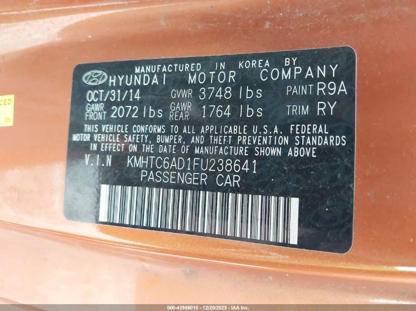 2015 Hyundai Veloster VIN: KMHTC6AD1FU238641 Lot: 43986010