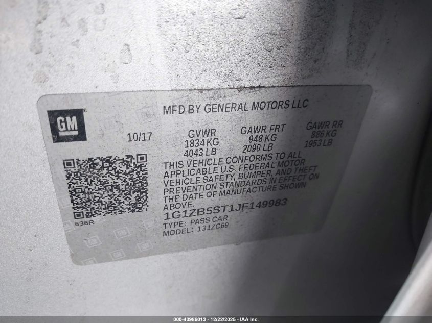 2018 Chevrolet Malibu 1Ls VIN: 1G1ZB5ST1JF149983 Lot: 43986013