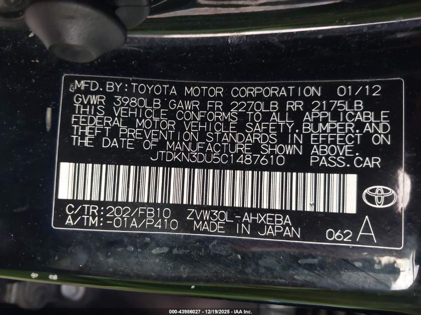 2012 Toyota Prius Two VIN: JTDKN3DU5C1487610 Lot: 43986027