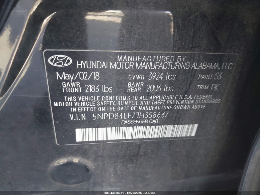 2018 Hyundai Elantra Sel VIN: 5NPD84LF7JH358637 Lot: 43986031