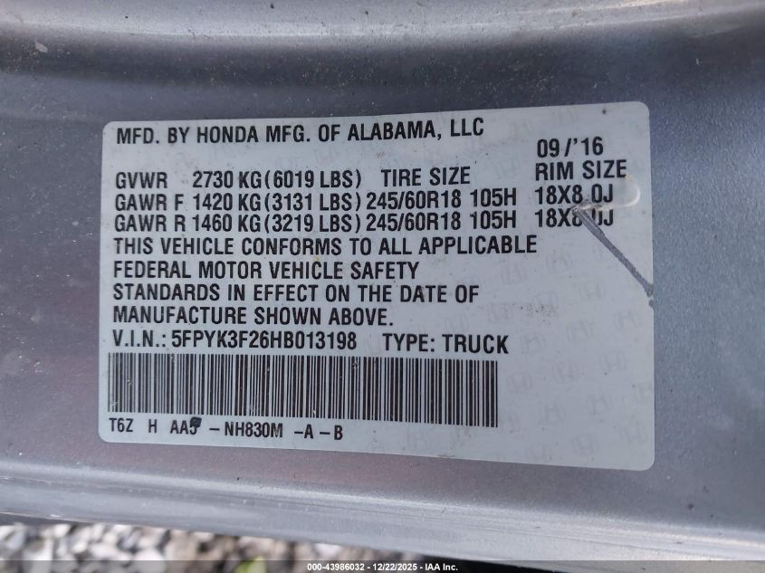 2017 Honda Ridgeline Rt VIN: 5FPYK3F26HB013198 Lot: 43986032