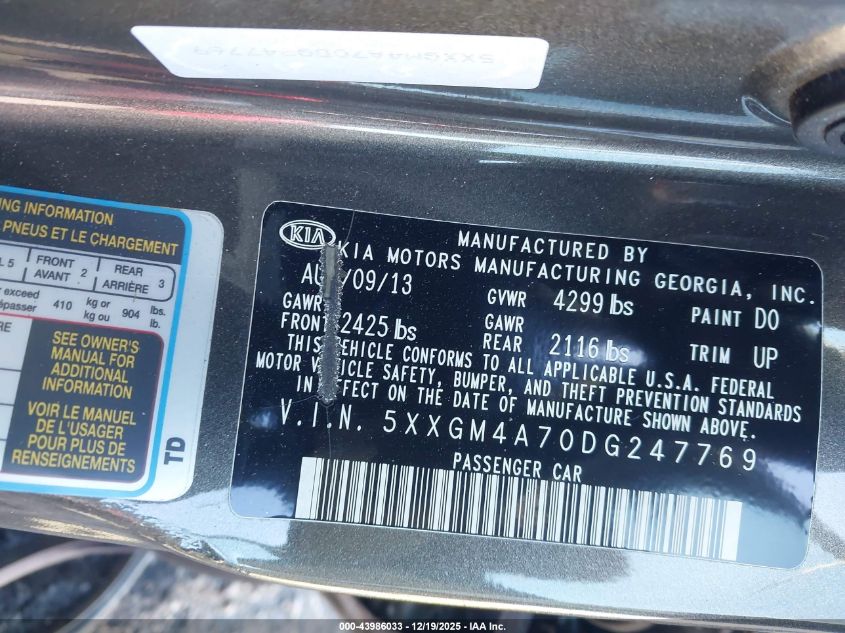 2013 Kia Optima Lx VIN: 5XXGM4A70DG247769 Lot: 43986033