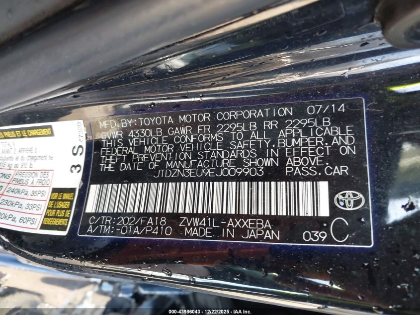2014 Toyota Prius V Two VIN: JTDZN3EU9EJ009903 Lot: 43986043