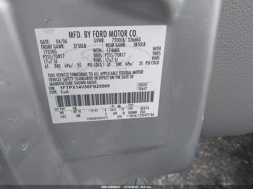 1FTPX14V56FB25569 2006 FORD F-150 photo no. 9