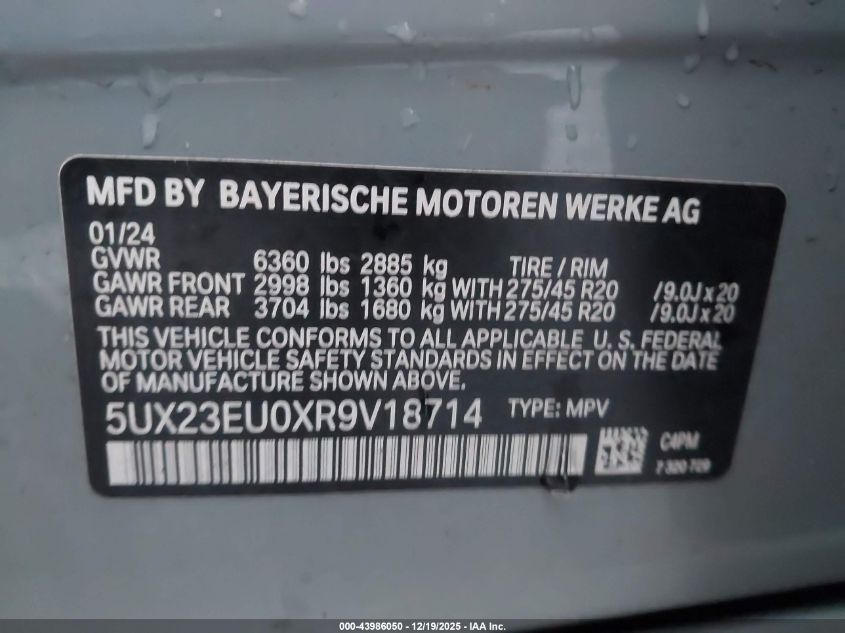 2024 BMW X5 xDrive40I VIN: 5UX23EU0XR9V18714 Lot: 43986050