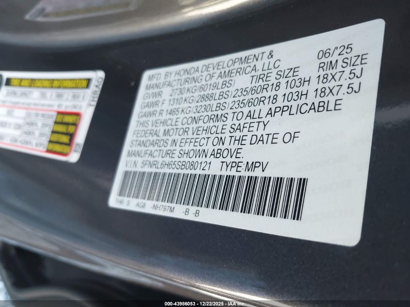 2025 Honda Odyssey Ex-L VIN: 5FNRL6H65SB080121 Lot: 43986053