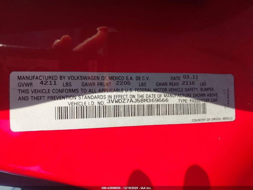 2011 Volkswagen Jetta 2.5L Se VIN: 3VWDZ7AJ5BM369666 Lot: 43986055