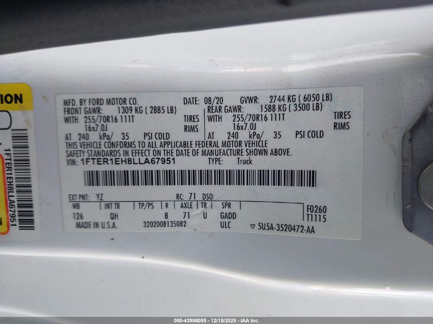 2020 Ford Ranger Xl VIN: 1FTER1EH8LLA67951 Lot: 43986059