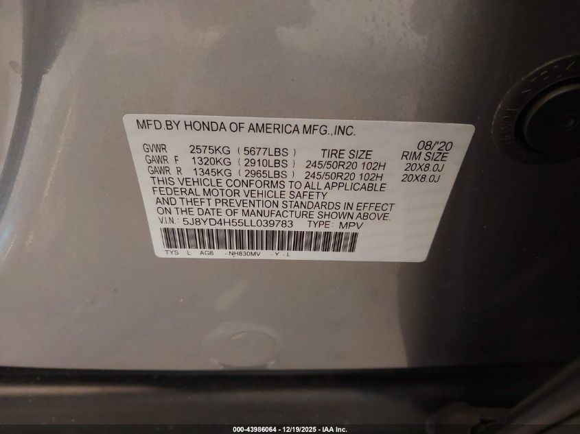 2020 Acura Mdx Technology Package VIN: 5J8YD4H55LL039783 Lot: 43986064