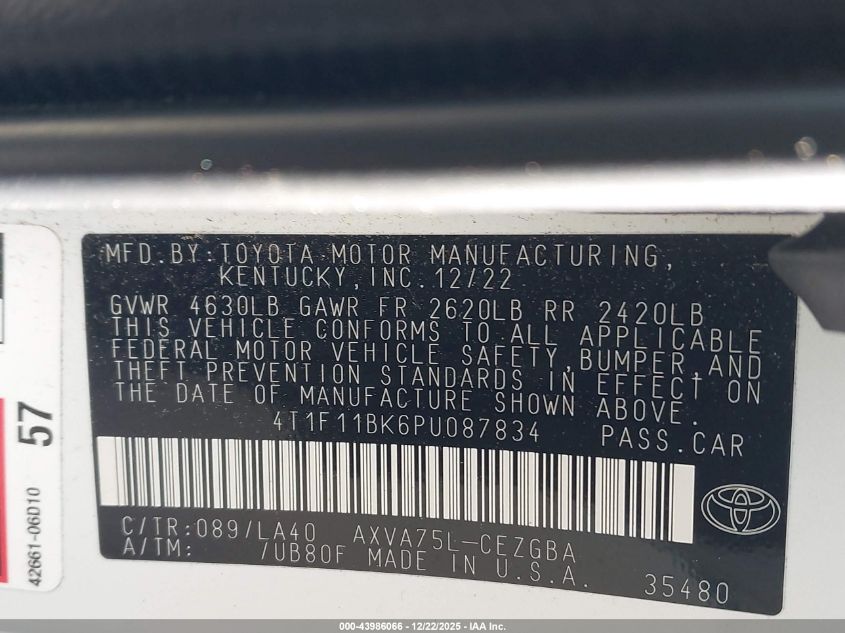 2023 Toyota Camry Xle Awd VIN: 4T1F11BK6PU087834 Lot: 43986066