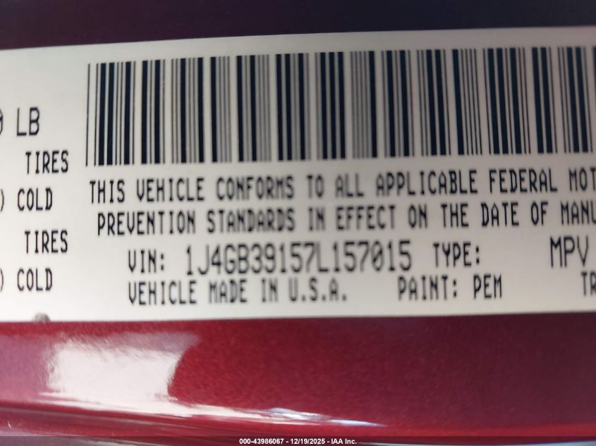 2007 Jeep Wrangler VIN: 1J4GB39157L157015 Lot: 43986067