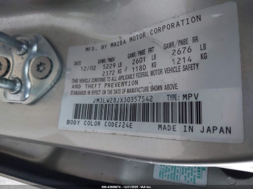 2003 Mazda Mpv Es/Lx/Lx-Sv VIN: JM3LW28JX30357542 Lot: 43986074