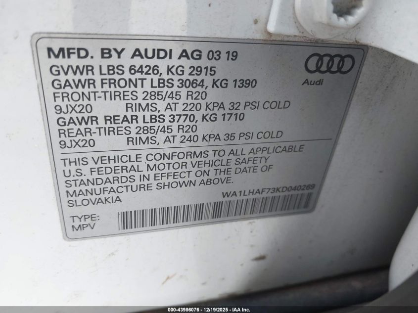 2019 Audi Q7 45 Premium VIN: WA1LHAF73KD040269 Lot: 43986076