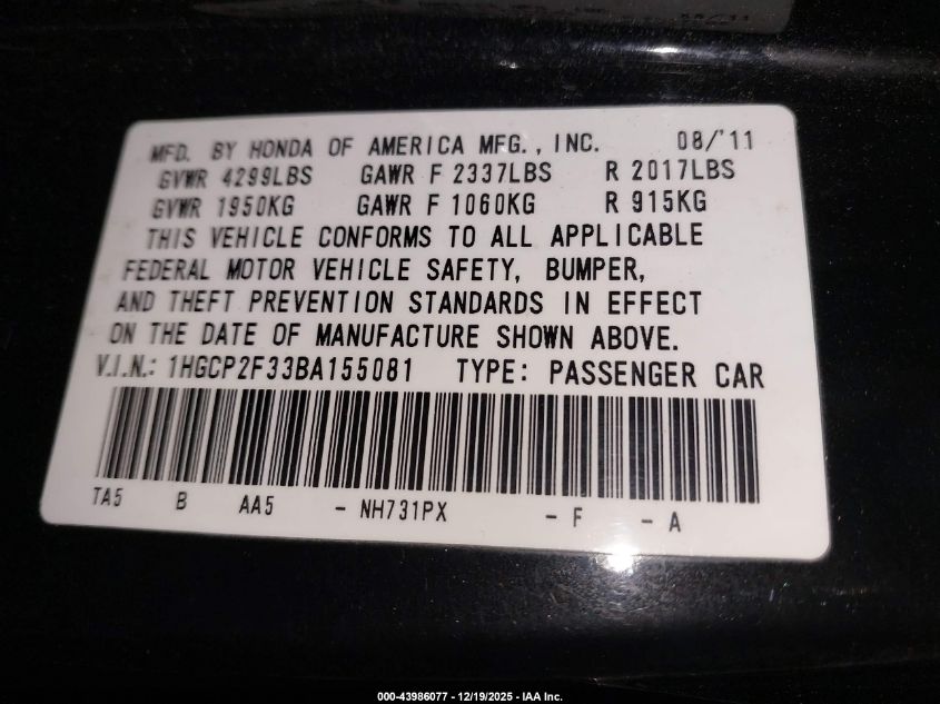 2011 Honda Accord 2.4 Lx VIN: 1HGCP2F33BA155081 Lot: 43986077