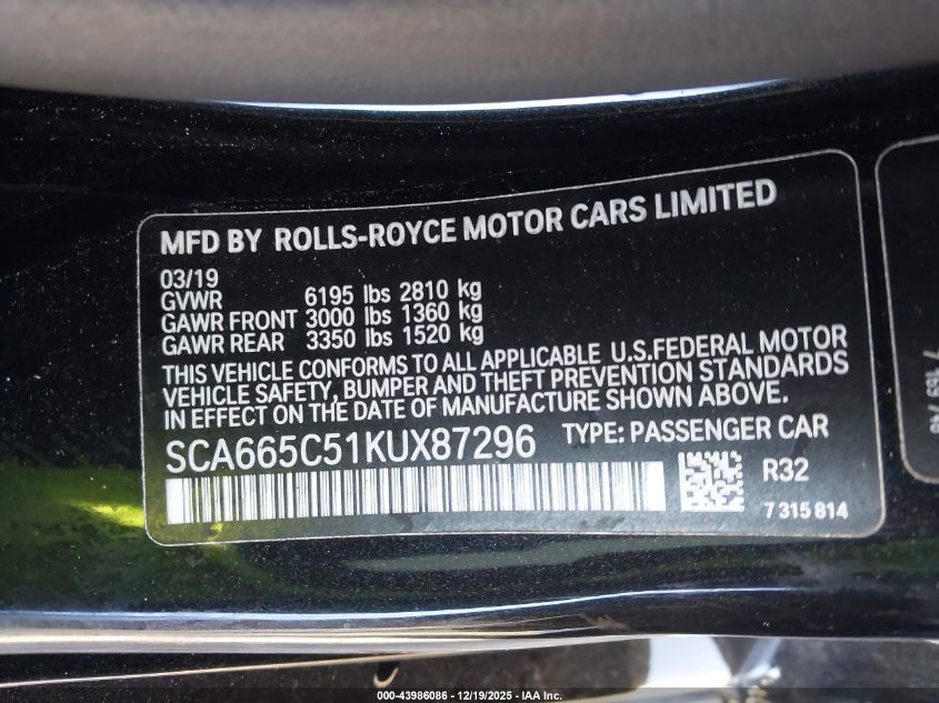 2019 Rolls-Royce Wraith VIN: SCA665C51KUX87296 Lot: 43986086
