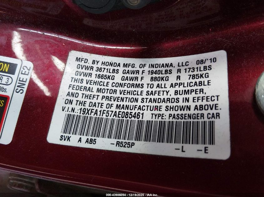 2010 Honda Civic Lx VIN: 19XFA1F57AE085461 Lot: 43986094