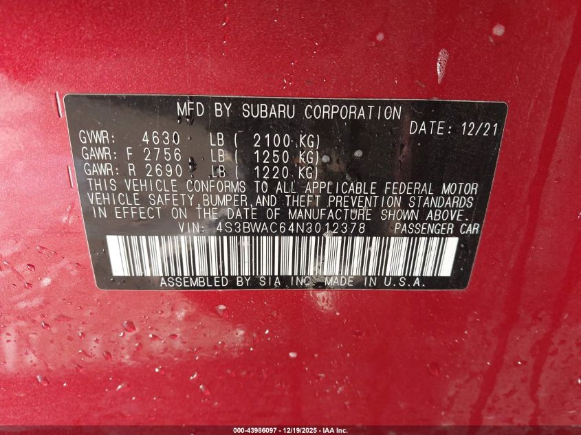 2022 Subaru Legacy Premium VIN: 4S3BWAC64N3012378 Lot: 43986097