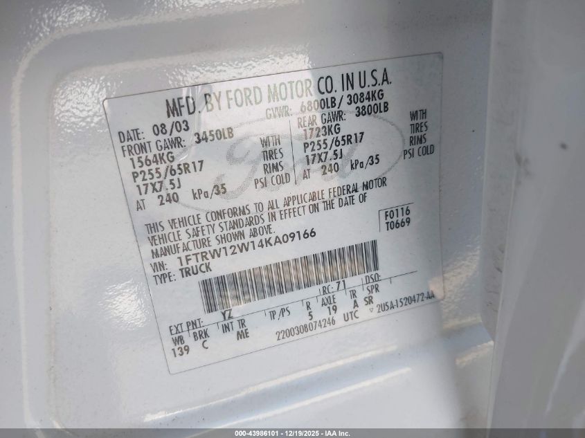 2004 Ford F-150 Xlt VIN: 1FTRW12W14KA09166 Lot: 43986101
