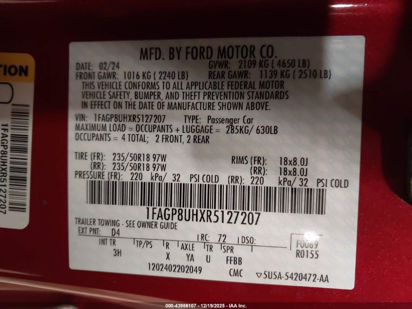 2024 Ford Mustang Ecoboost Premium VIN: 1FAGP8UHXR5127207 Lot: 43986107