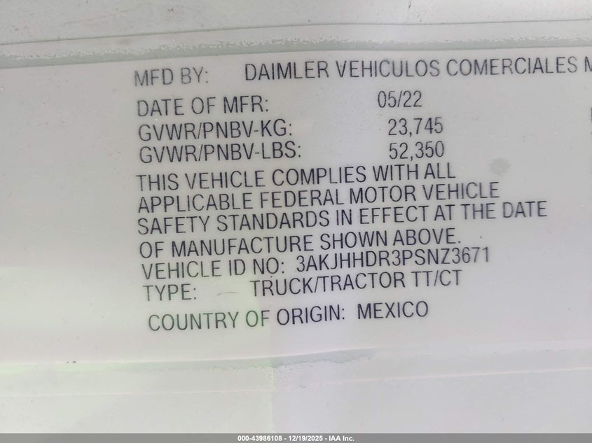 2023 Freightliner New Cascadia 126 VIN: 3AKJHHDR3PSNZ3671 Lot: 43986108