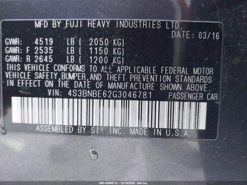 2016 Subaru Legacy 2.5I Premium VIN: 4S3BNBE62G3046781 Lot: 43986110