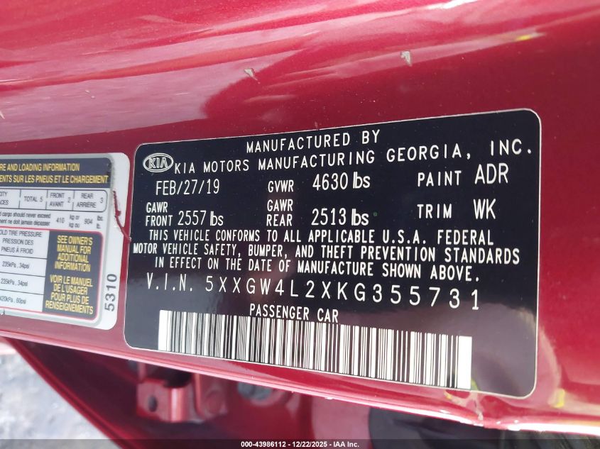 2019 Kia Optima Sx Turbo VIN: 5XXGW4L2XKG355731 Lot: 43986112