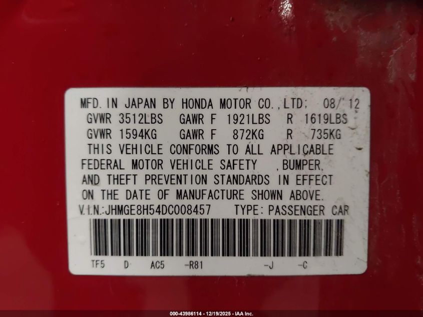 2013 Honda Fit Sport VIN: JHMGE8H54DC008457 Lot: 43986114